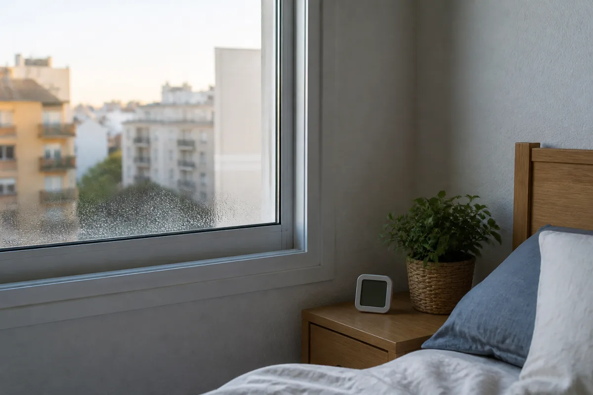 Condensación en la parte inferior de una ventana al refrescar por la noche
